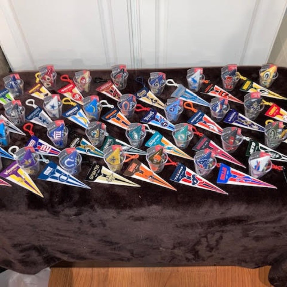NFL Team Shot glasses, paper football and Mini flags All 32 Teams